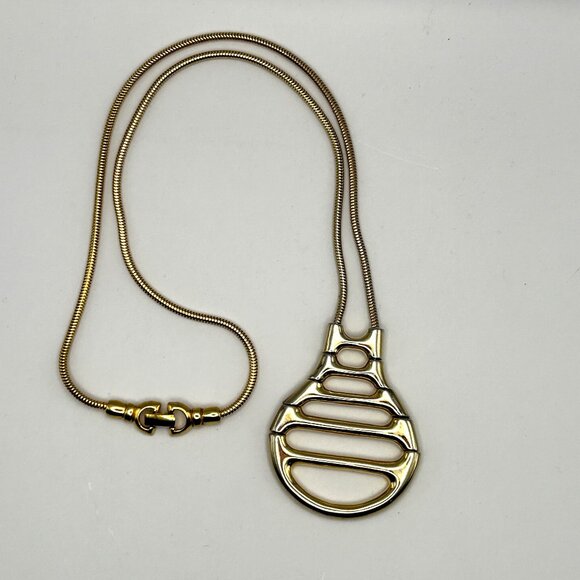 Vintage Castlecliff Statement Pendant Necklace Gold Tone Modernist Signed - Picture 1 of 11